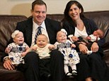 Big family: Tulsa, Oklahoma, couple, Sarah and Andy Justice, pictured wit their brood, have gone from zero children to five in less than a year after they adopted triplets then fell pregnant with twins.