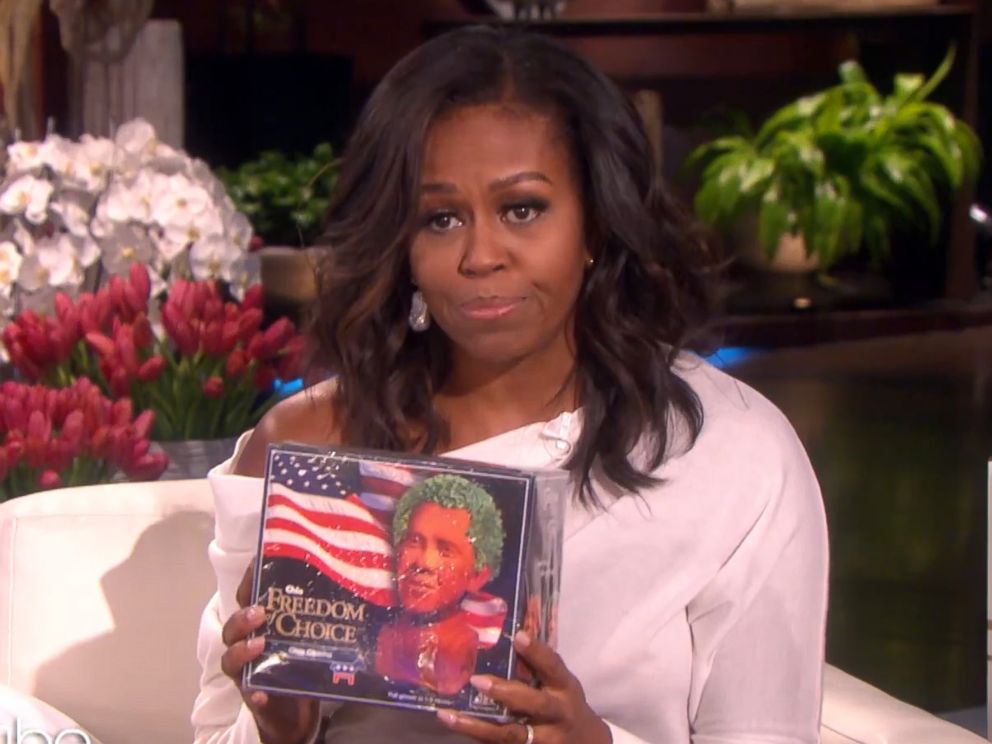 PHOTO: Michelle Obama presents Ellen with a Chia Obama during her guest appearance on The Ellen DeGeneres Show, Feb. 1, 2018.