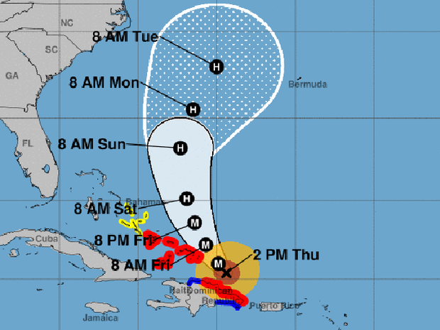 A map shows the probable path for Hurricane Maria as of 2 p.m. ET on Sept. 21, 2017. The M stands for major hurricane. The red areas represent hurricane warnings. The blue areas represent tropical storm warnings. The yellow areas represent tropical storm watches. 