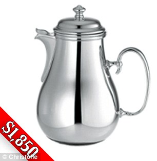 A Christofle Albi coffeepot priced at $1,850 is on the list