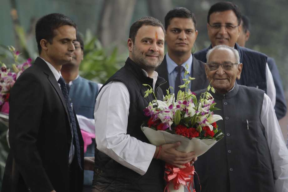 Senior Congress party leaders welcome their party vice president Rahul Gandhi , second left, with flowers as he arrives to file his nomination papers at party headquarters, in New Delhi, India, Monday, Dec. 4, 2017. Gandhi, the scion of India's Nehru-Gandhi political dynasty, has submitted nomination papers to succeed his mother as president of the main opposition Congress party that governed the country for decades. Photo: Manish Swarup, AP / Copyright 2017 The Associated Press. All rights reserved.