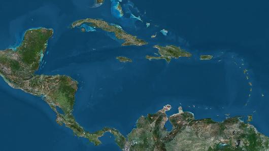 Satellite view of Central America and the Caribbean.