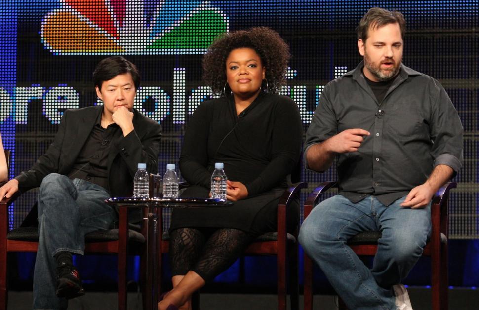 Dan Harmon (righ, pictured with two of his show’s stars, Ken Jeong and Yvette Nicole Brown in 2011) previously said he would not stand in the way if the show could be revived.