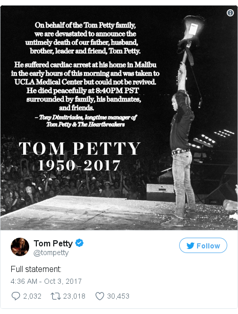 Twitter post by @tompetty