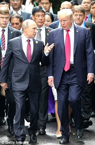 In a wide-ranging interview with the BBC, he warned that he expected Russia to target the US mid-term elections later this year, but insisted the US would be ready to ¿push back¿. Pictured: Russian President Vladimir Putin with Trump last year 