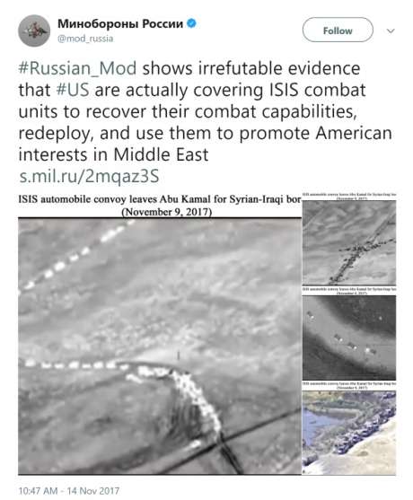 The Russian Ministry of Defense post photos Tuesday on Twitter and Facebook purportedly showing evidence of the U.S. backing ISIS. Those claims were quickly debunked by online sleuths. Photo: Twitter