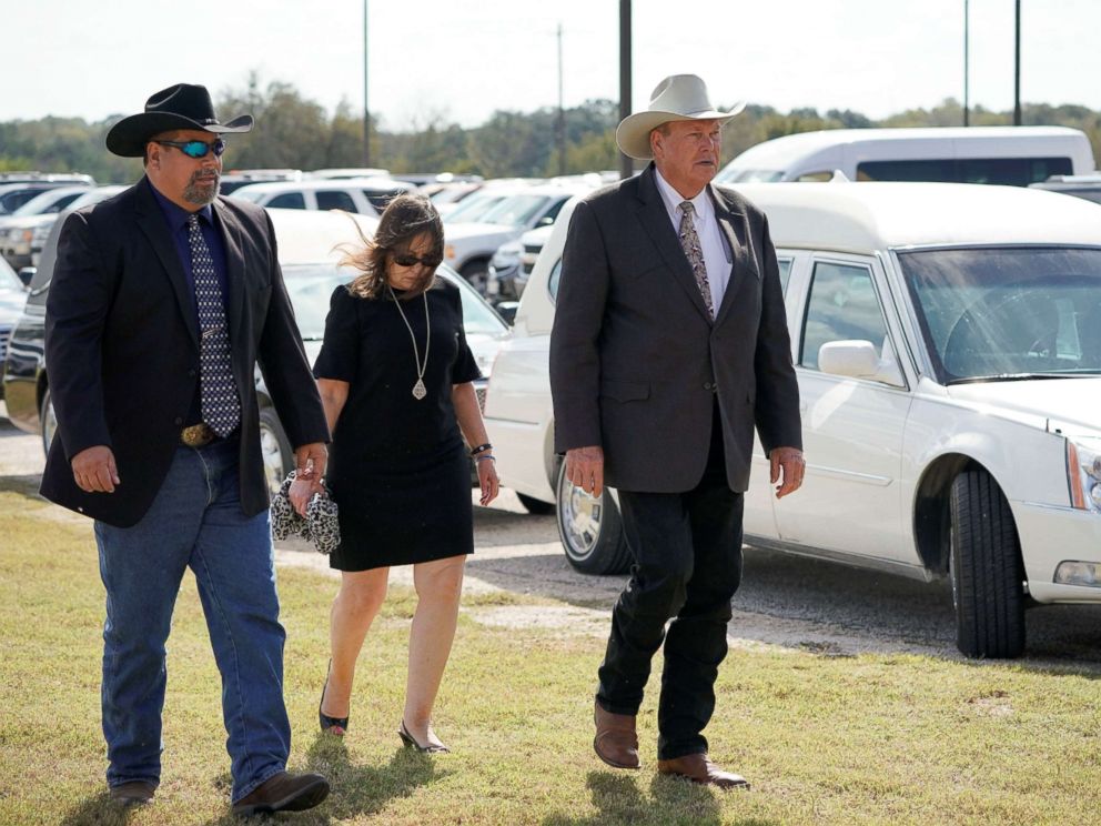 PHOTO: Wilson County Sheriff Joe Tackitt arrives with two others at a funeral for six members of the Holcombe family and three members of the Hill family, victims of the Sutherland Springs Baptist church shooting, in Floresville, Texas, Nov. 15, 2017.