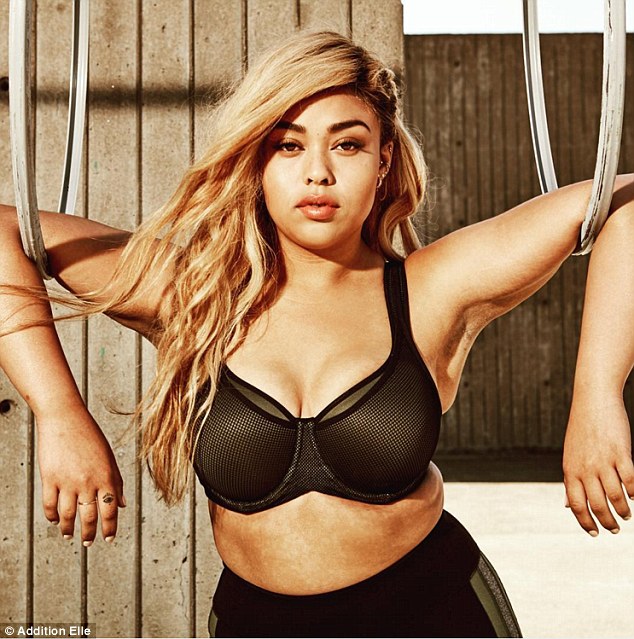 Get pumped up: Jordyn, 18, also modeled a stylish black and green underwire bra and matching athletic pants during the shoot 