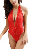 SeClovers Women's Sexy Deep V Halter Tight Lingerie Lace Hips Heart Shape Babydoll