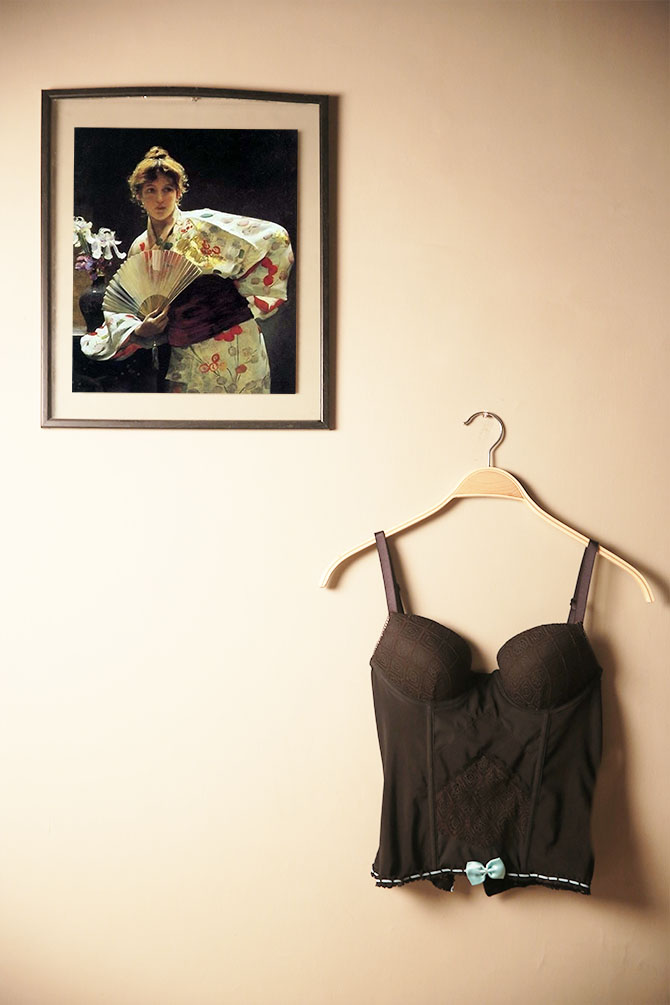 A corset hangs, part of Agaline's collection of lingerie for India. 