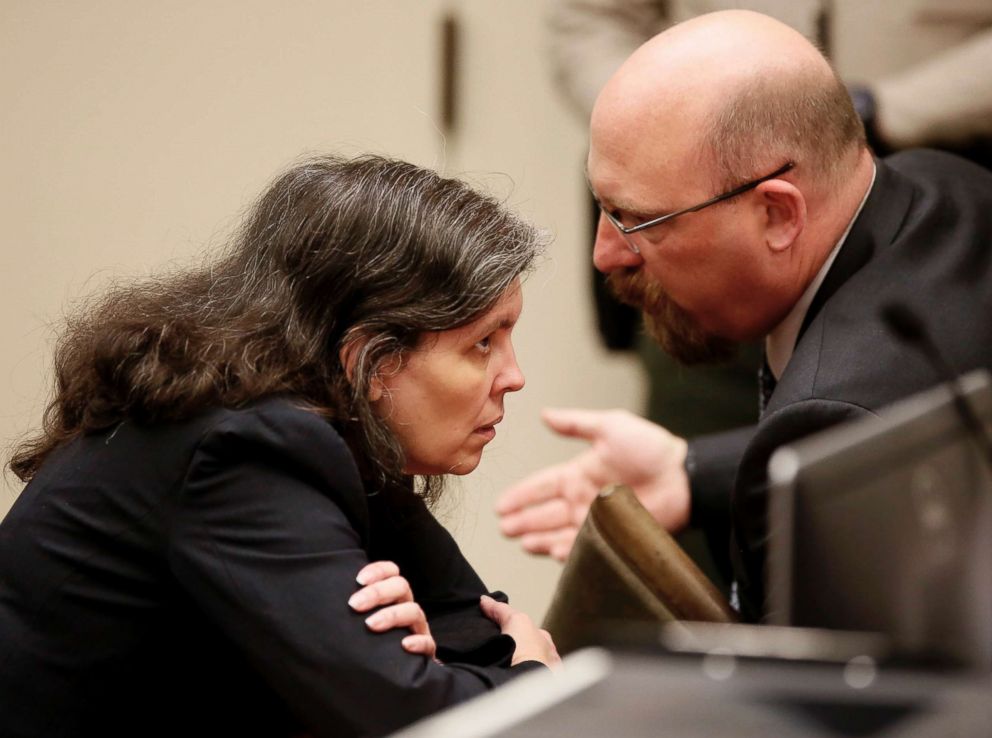 PHOTO: Attorney Jeff Moore speaks with Louise Turpin as she and David Turpin appear in court in Riverside, Calif., on Feb. 23, 2018. 