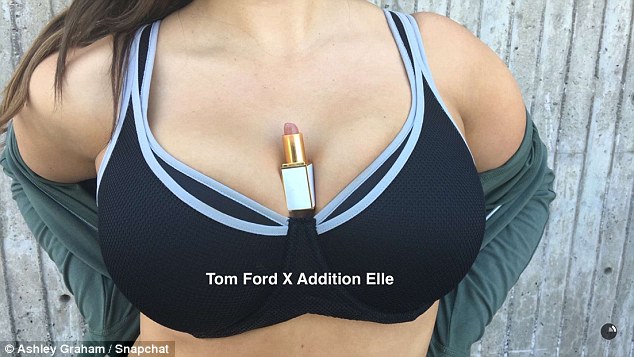 Proud of her curves: Ashley showed off her bustline by sharing this photo of her Tom Ford lipstick held in-between her breasts