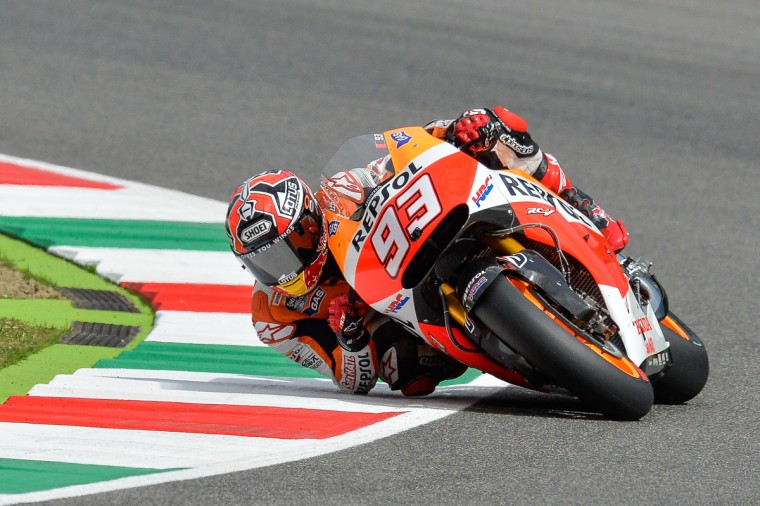 Spain's Marc Marquez of the Honda team rides his bike during free practice session number 3 of the Italian Grand Prix on Mugello's racetrack . (Andreas Soloro/AFP/Getty Images)