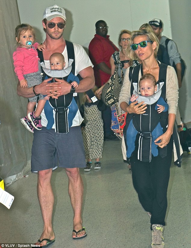 Family: She shares three children with her husband of almost five years, Chris Hemsworth, daughter India, 3, and 18-month-old boys Sasha and Tristan. They are seen here in August last year