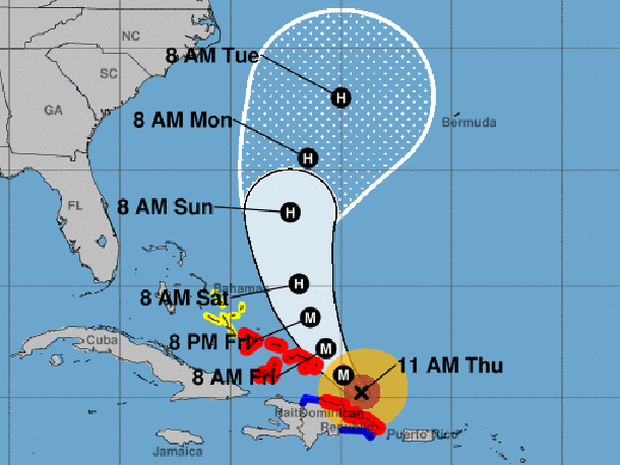 A map shows the probable path for Hurricane Maria as of 11 a.m. ET on Sept. 21, 2017. The M stands for major hurricane. The red areas represent hurricane warnings. The blue areas represent tropical storm warnings. The yellow areas represent tropical storm watches. 