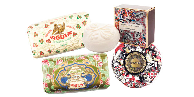 Claus Porto Aguia Vetyver Bath Soap and Claus Porto Argus Sandalwood Soap; Fragonard soap; MOR Blood Orange Triple-Milled Soap. Photos / Supplied.