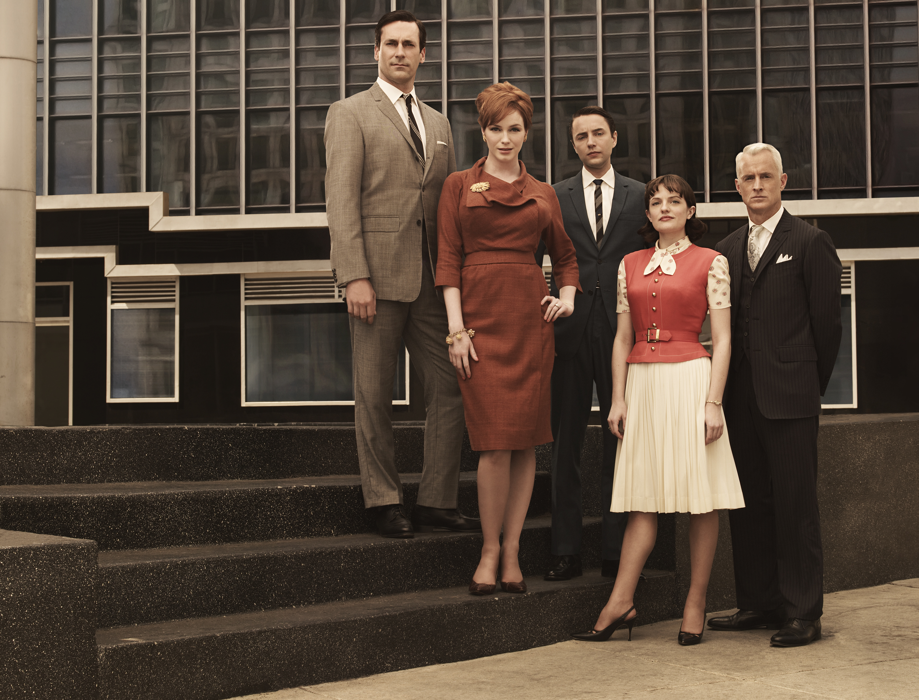 Don Draper (Jon Hamm), Joan Holloway (Christina Hendricks), Pete Campbell (Vincent Kartheiser), Peggy Olson (Elisabeth Moss) and Roger Sterling (John Slattery) - Mad Men - Season 3 - Photo Credit: Frank Ockenfels/AMC