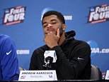 INDIANAPOLIS, IN - APRIL 04: Andrew Harrison #5 of the Kentucky Wildcats reacts in the post game press conference after being defeated by the Wisconsin Badgers during the NCAA Men's Final Four Semifinal at Lucas Oil Stadium on April 4, 2015 in Indianapolis, Indiana. Wisconsin defeated Kentucky 71-64. (Photo by Joe Robbins/Getty Images)