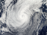 This Nov. 5, 2014 photo provided by NASA shows a picture captured by NASA's Aqua satellite of Typhoon Nuri. Weather forecasters say an explosive storm, a remnant of Typhoon Nuri, surpassing the intensity of 2012's Superstorm Sandy is heading toward the northern Pacific Ocean and expected to pass Alaska's Aleutian Islands over the weekend. (AP Photo/NASA)