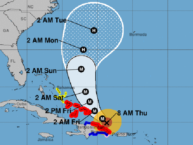 A map shows the probable path for Hurricane Maria as of 8 a.m. ET on Sept. 21, 2017. The M stands for major hurricane. The red areas represent hurricane warnings. The blue areas represent tropical storm warnings. The yellow areas represent tropical storm watches. 