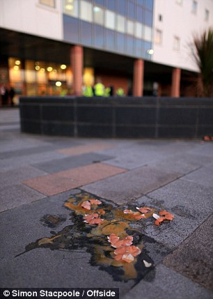 Broken eggs on the floor outside Bloomfield Road