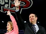 Sen. Ted Cruz, R-Texas, his wife Heidi, and their two daughters Catherine, 4, left, and Caroline, 6, right, wave on stage after he announced his campaign for president, Monday, March 23, 2015, Liberty University, founded by the late Rev. Jerry Falwell, in Lynchburg, Va. Cruz, who announced his candidacy on twitter in the early morning hours, is the first major candidate in the 2016 race for president. (AP Photo/Andrew Harnik)