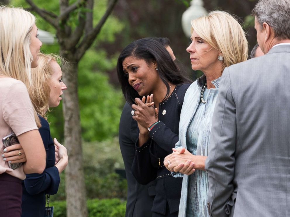 PHOTO: Omarosa Manigault speaks to attendees at President Trumps press conference with members of the GOP on the passage of legislation to roll back the Affordable Care Act in the Rose Garden of the White House, May 4, 2017.