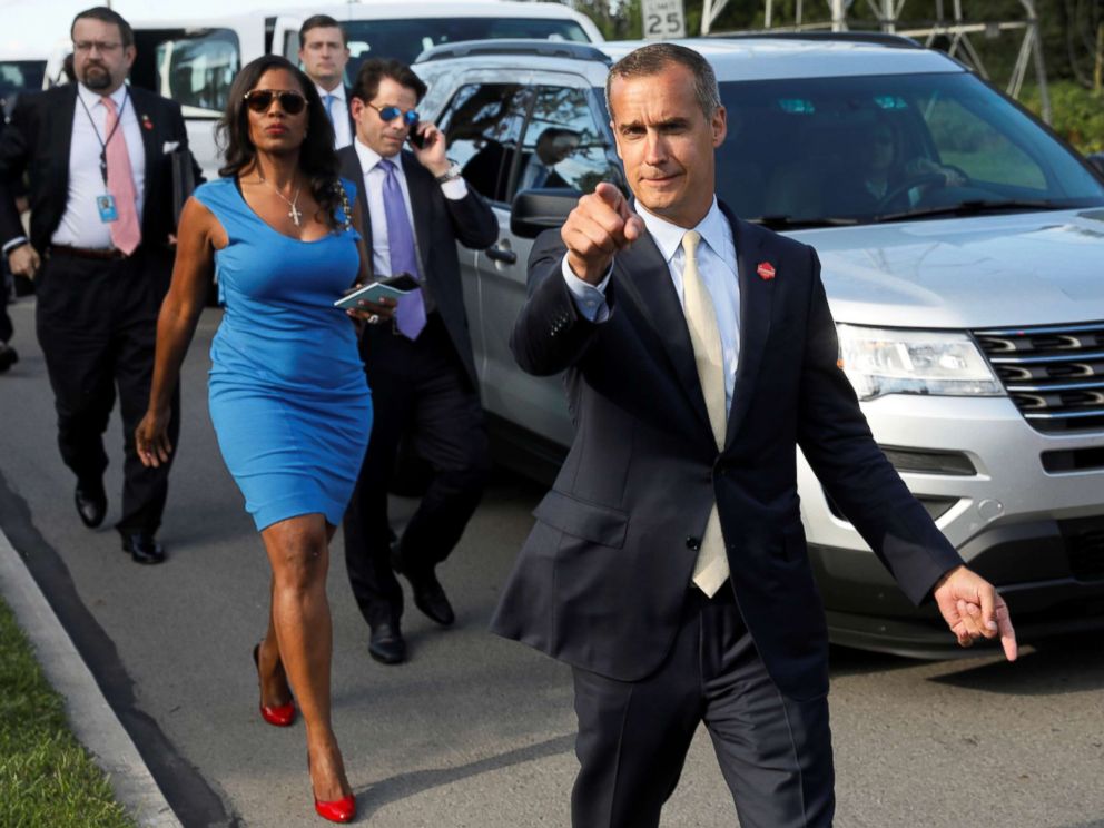 PHOTO: Omarosa Manigault walks to an event for veterans in Struthers, Ohio with Corey Lewandowski, Sebastian Gorka and Anthony Scaramucci, July 25, 2017.