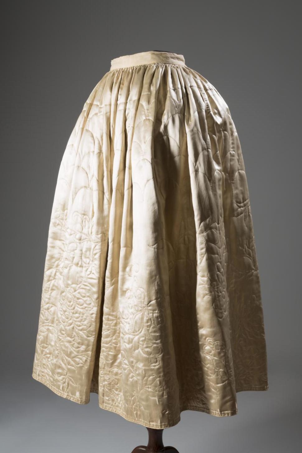 A 1765 English quilted petticoat in silk and satin, part of ‘Exposed: A History of Lingerie’ at FIT.