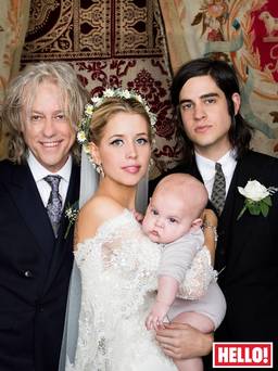 Peaches Geldof on her wedding day with dad Bob, husband Tom Cohen and son Astala. Picture: HELLO! MAGAZINE