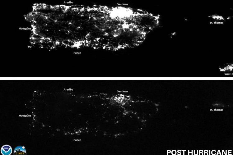 Widespread power outages in Puerto Rico are visible from space in this combination photo released by NOAA showing the island at night on July 24, 2014, top, and Sept. 24, 2017, bottom.