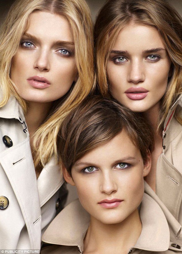 Rosie starring in Burberry’s beauty campaign with Lily Donaldson (left) and Nina Porter in 2010