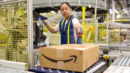 A worker at an Amazon shipping center in Schertz, Texas.