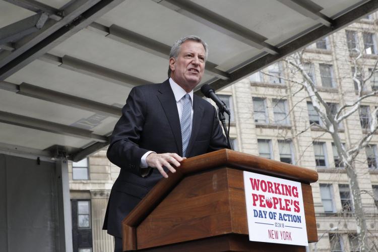 Mayor de Blasio joined the Saturday rally and declared New York “the biggest union town” in America.