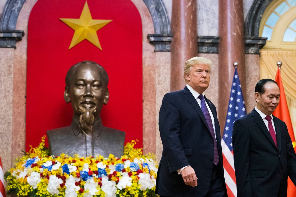 President Trump with President Tran Dai Quang of Vietnam at the Presidential Palace in Hanoi.