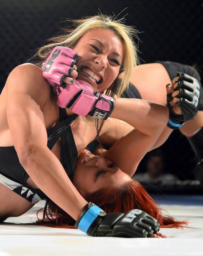 NORTH LAS VEGAS, NV - MAY 30: Fighters Megan Baby Doll (L) and Brenda Juice Jones compete during the Lingerie Fighting Championships' LFC 19 event at the Silver Nugget Event Center on May 30, 2014 in North Las Vegas, Nevada. Doll won the bout. (Picture: Getty)